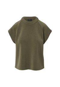 Olive zielenony krótki top damski z wysokim okrągłym dekoltem i luźnym krojem, wykonany z miękkiego, gładkiego materiału.