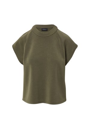 Olijfgroen dames T-shirt met korte mouwen, hoge ronde hals en een losse pasvorm, gemaakt van zachte, gladde stof.
