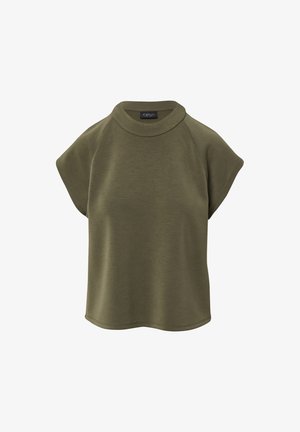 Olijfgroen dames T-shirt met korte mouwen, hoge ronde hals en een losse pasvorm, gemaakt van zachte, gladde stof.