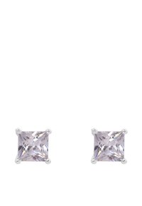 Boucles d'oreilles en zircon cubique violet clair en forme de carré, montées sur métal de couleur argentée. Chaque pierre est maintenue par quatre griffes et présente une surface taillée en facettes.