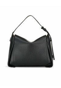 Borsa a mano in pelle nera con una forma strutturata, dotata di un manico superiore curvo e una tracolla removibile. Superficie texture con dettagli di design minimi.