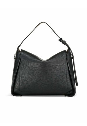 Borsa a mano in pelle nera con una forma strutturata, dotata di un manico superiore curvo e una tracolla removibile. Superficie texture con dettagli di design minimi.