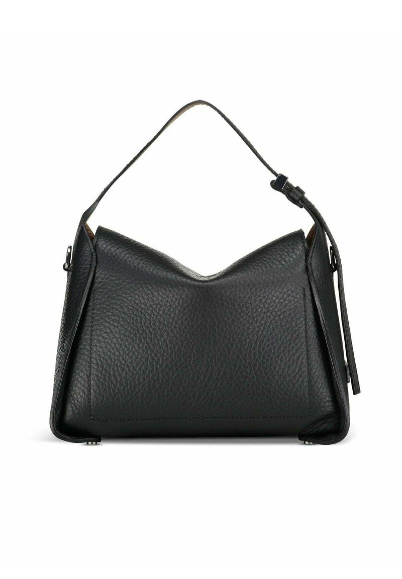 Borsa a mano in pelle nera con una forma strutturata, dotata di un manico superiore curvo e una tracolla removibile. Superficie texture con dettagli di design minimi.