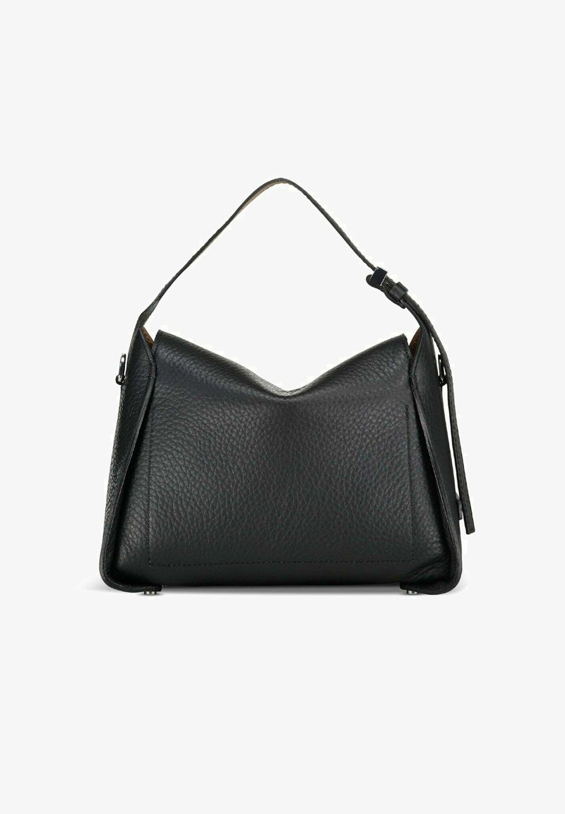 Borsa a mano in pelle nera con una forma strutturata, dotata di un manico superiore curvo e una tracolla removibile. Superficie texture con dettagli di design minimi.
