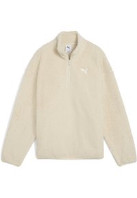 Fleece pullover i crème med kvart lynlås krave, lange ærmer og et lille hvidt logo på brystet. Tekstureret, blød overflade.