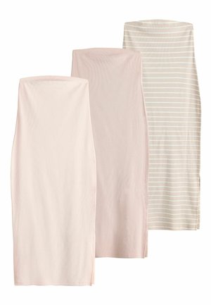 Tre tube-nederdele i beige toner, en ensfarvet lyserød, en ensfarvet sart lyserød og en beige med hvide vandrette striber.