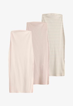 Kolme putkihame beige sävyissä, yksi yksivärinen vaaleanpunainen, yksi yksivärinen hailakan vaaleanpunainen ja yksi beige valkoisilla vaakaraitakuoseilla.