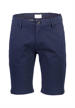 Laivastonsiniset puuvillahortsit, joissa on sileä pinta, nappikiinnitys ja tavalliset vyölenkit; polven pituinen muotoilu.