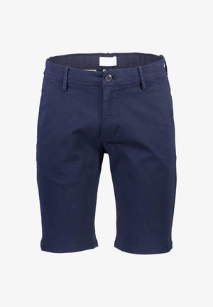 Tumedatehased puuvillased lühikesed püksid, millel on sile tekstuur, nupuga kinnitamine ja tavalised vöökaared; põlve pikkune disain.