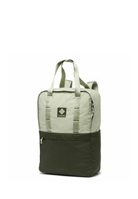 Zaino Columbia in verde chiaro e verde scuro, con doppi manici superiori, una tasca frontale con zip e un'etichetta del logo davanti.