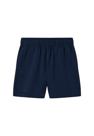 Pantaloncini con elastico in vita di colore blu navy, dotati di tasche laterali, realizzati in tessuto morbido, ideali per un uso casual o sportivo.