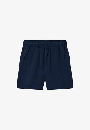 Pantaloncini con elastico in vita di colore blu navy, dotati di tasche laterali, realizzati in tessuto morbido, ideali per un uso casual o sportivo.