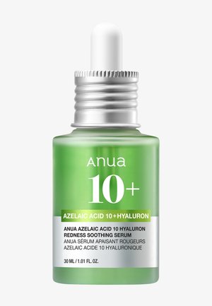 Flacon compte-gouttes en verre vert étiqueté "Anua 10+ Acide Azélaïque 10 + Sérum apaisant rougeurs à l'acide hyaluronique", taille 30 ml, avec bouchon argenté et compte-gouttes blanc.