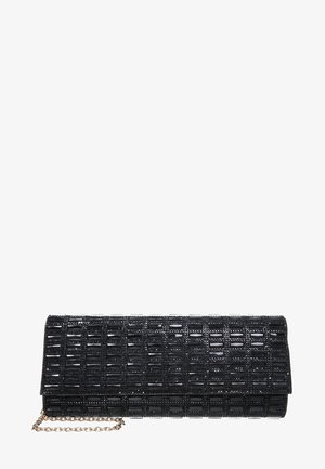 Zwart rechthoekig clutch tasje met een gestructureerd gridpatroon en een klein gouden kettingbandje, gedeeltelijk zichtbaar op een witte achtergrond.