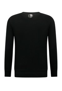 Zwart sweatshirt met lange mouwen en een ronde hals, voorzien van geribbelde manchetten en zoom, met een klein rond logo-embleem aan de achterkant van de hals.