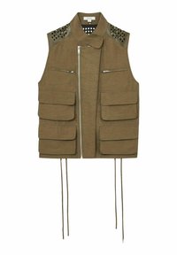 Olijfgroene mouwloze vest, textuurstof, rits aan de voorkant, vier grote opgestikte zakken, afgeronde kraag, studded schouderaccenten, koord in de onderrand.