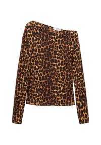 Dlhý rukáv s leopardím vzorom a dizajnom odhalených ramien. Vyrobený z hladkej tkaniny, s hnedými, čiernymi a zlatými odtieňmi.