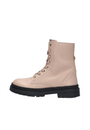 Light beige leather lace-up ankle boot with a textured finish, gold hardware, and a black rubber sole featuring a lug pattern for traction.