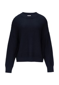 Marineblauw geribd brei sweater met een ronde hals, drop shoulders en een normale pasvorm. Beschikt over een gestructureerd patroon en geribde manchetten en zoom.