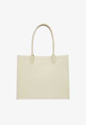 Beżowa skórzana torba tote z dwoma uchwytami, prostokątny kształt, minimalistyczny design, z dyskretnym logo wytłoczonym na przodzie.