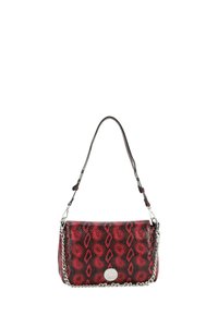 Borsa a tracolla con stampa pitone rossa e nera, di forma strutturata, con catena argentata e dettaglio con logo sulla parte anteriore.
