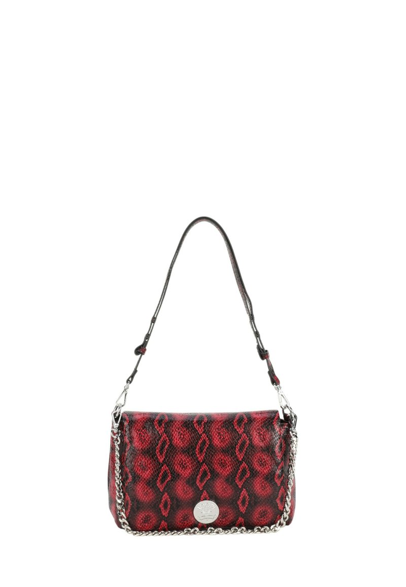 Borsa a tracolla con stampa pitone rossa e nera, di forma strutturata, con catena argentata e dettaglio con logo sulla parte anteriore.