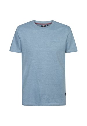 Hellblaues T-Shirt mit kurzen Ärmeln aus weichem, strukturiertem Stoff. Verfügt über einen Rundhalsausschnitt und ein kleines, dezentes Logo auf der Brust.