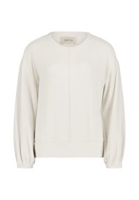Helle beige Pullover mit rundem Ausschnitt, lockeren Ärmeln und strukturiertem Stoff. Mit einer Vordernaht und geripptem Saum.