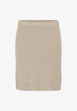 Beige Minirock aus Strick mit geradem Schnitt, ausgestattet mit einer gerippten Textur und einem seitlichen Schlitz für Bewegungsfreiheit.