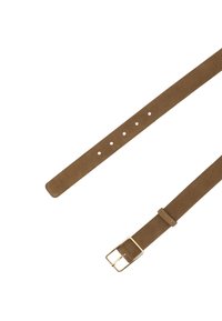 Brown suede belt with a gold square buckle, featuring five adjustment holes and a smooth, textured surface. Accents include a loop to secure the strap.
