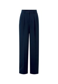 Pantaloni a gamba larga blu navy con vita alta, piega frontale e passanti per la cintura. Realizzati in un tessuto morbido con un design sartoriale.