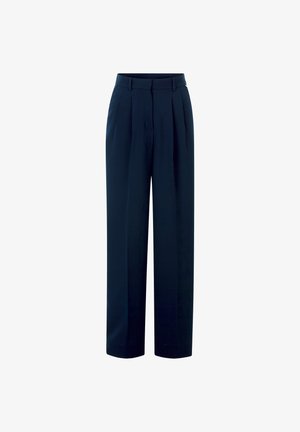 Námornícke modré nohavice s širokým strihom a vysokým pásom, s prešitým predným dielom a pútkami na opasok. Vyrobené z hladkej látky s prispôsobeným dizajnom.