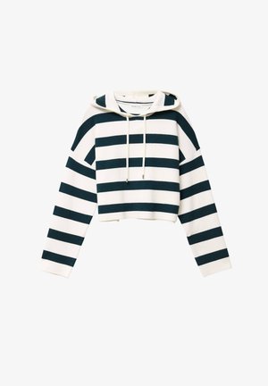 Afskåret hoodie med en hvid base og mørkegrønne vandrette striber. Har en hætte med snøre og lange ærmer. Blødt stof.