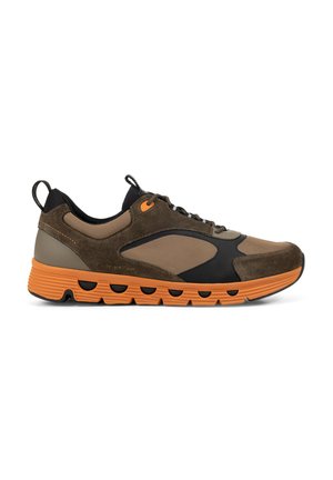 Brown and black sneaker with suede accents and bright orange sole, side pull tab, and lace-up closure on a white background.