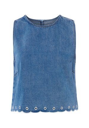 Haut en denim bleu sans manches avec col rond, fermeture par boutons au dos et ourlet festonné avec œillets métalliques espacés uniformément.