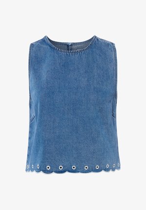 Haut en denim bleu sans manches avec col rond, fermeture par boutons au dos et ourlet festonné avec œillets métalliques espacés uniformément.