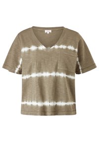 Tričko s krátkým rukávem ve tvaru V v olivově zelené barvě s bílými pruhy tie-dye. Má náprsní kapsu a měkkou texturu látky.