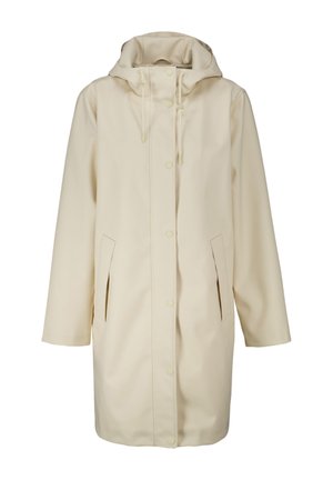 Beige waterdichte regenjas met een capuchon, drukknoopsluiting, twee zijzakken en een rechte snit. Soepele textuur, veelzijdig ontwerp.