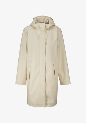 Beige waterproof raincoat with a hood, snap button closure, two side pockets, and a straight cut. Smooth texture, versatile design.