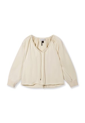 Cream long-sleeve blouse with elastic neckline, drawstring tie, and ribbed cuffs, size medium by 10DAYS brand.