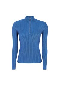 Ribbade, blå långärmade tröja med hög krage och halv dragkedja fram. Figursydd design med textil struktur.