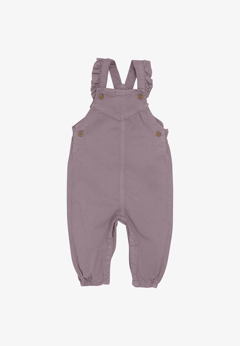 Lila overall gemaakt van katoen met ruches op de schouders, twee voorzakken en elastische manchetten. Heeft houten knoopaccenten.