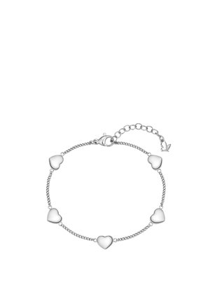 Silbernes Kettenarmband mit fünf gleichmäßig verteilten massiven Herzanhängern und einem verstellbaren Verschluss mit einem kleinen Blumenanhänger.