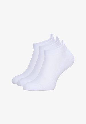 Three pairs of white ankle socks made of soft, breathable fabric, featuring a ribbed cuff and a smooth texture.