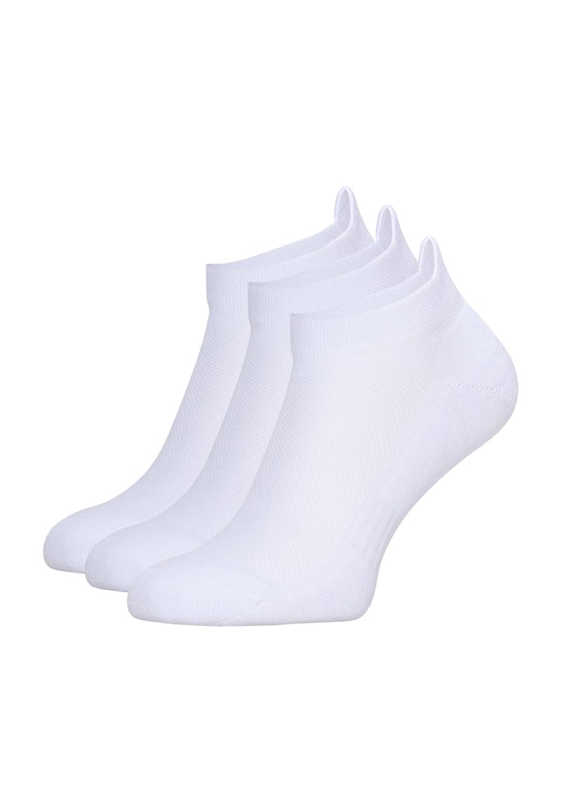 Drei Paar weiße Knöchelsocken aus weichem, atmungsaktivem Stoff, mit einem gerippten Bündchen und einer glatten Textur.
