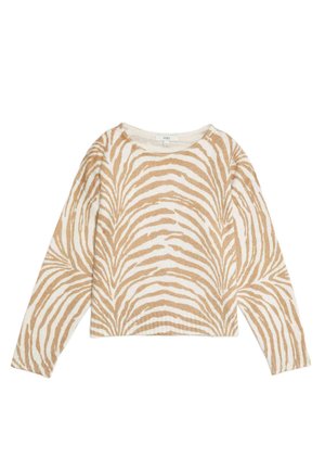 Béžový a krémový svetr se vzorem zebřích pruhů, s dlouhými rukávy, kulatým výstřihem a volným střihem. Měkká textura.