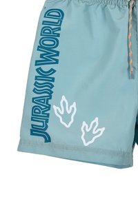 Pantaloni da bagno azzurri con cordoncino in vita, con la scritta "Jurassic World" in blu scuro e impronte di dinosauro bianche come elementi decorativi.