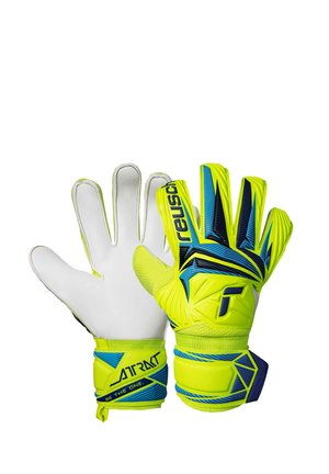 Pair of neon yellow and blue Reusch goalkeeper gloves with white palms and adjustable wrist straps, designed for soccer.