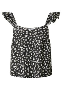 Top negro con estampado de flores blancas y margaritas, con tirantes fruncidos y un corte holgado. Fabricado con un tejido ligero apto para el clima cálido.