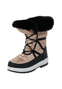 Bota resistente al agua en color rosa dorado con un puño de piel sintética negra, parte delantera con cordones y suela de goma blanca. Superficie texturizada y diseño de plataforma.